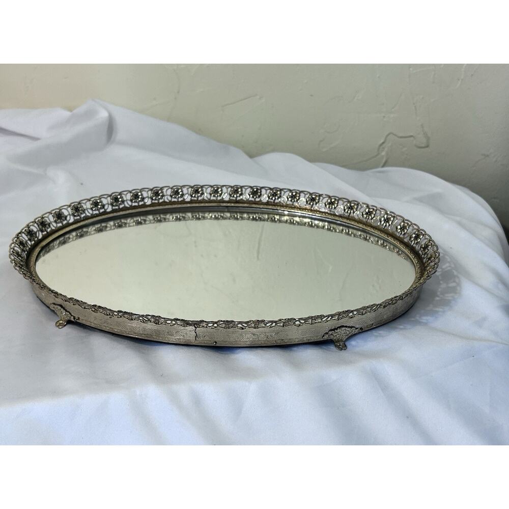 Vintage Vanity Perfume Mirror Ornate Gold Frame Dresser Table Tray